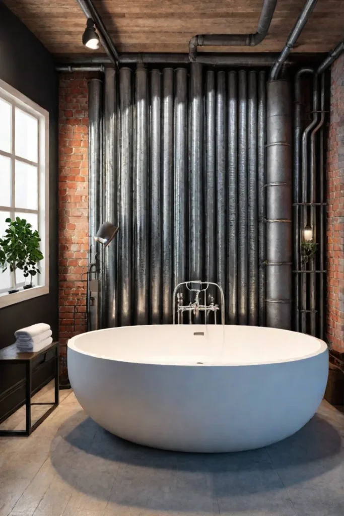 Corrugated steel metal wall art in an industrialchic bathroom