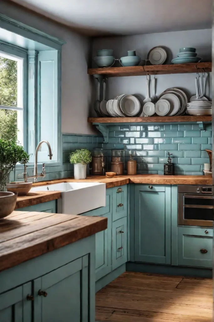 Cottage kitchen with a butcher block countertop and patina