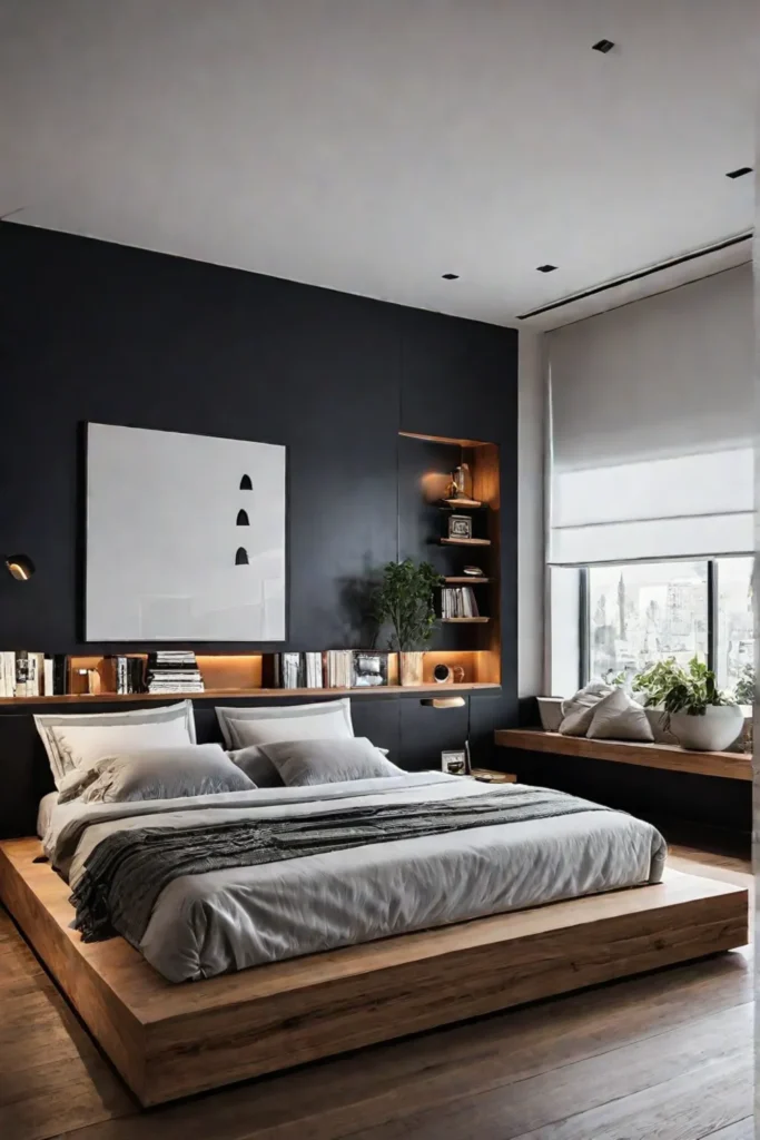 Cozy and functional minimalist bedroom with builtin bookcase