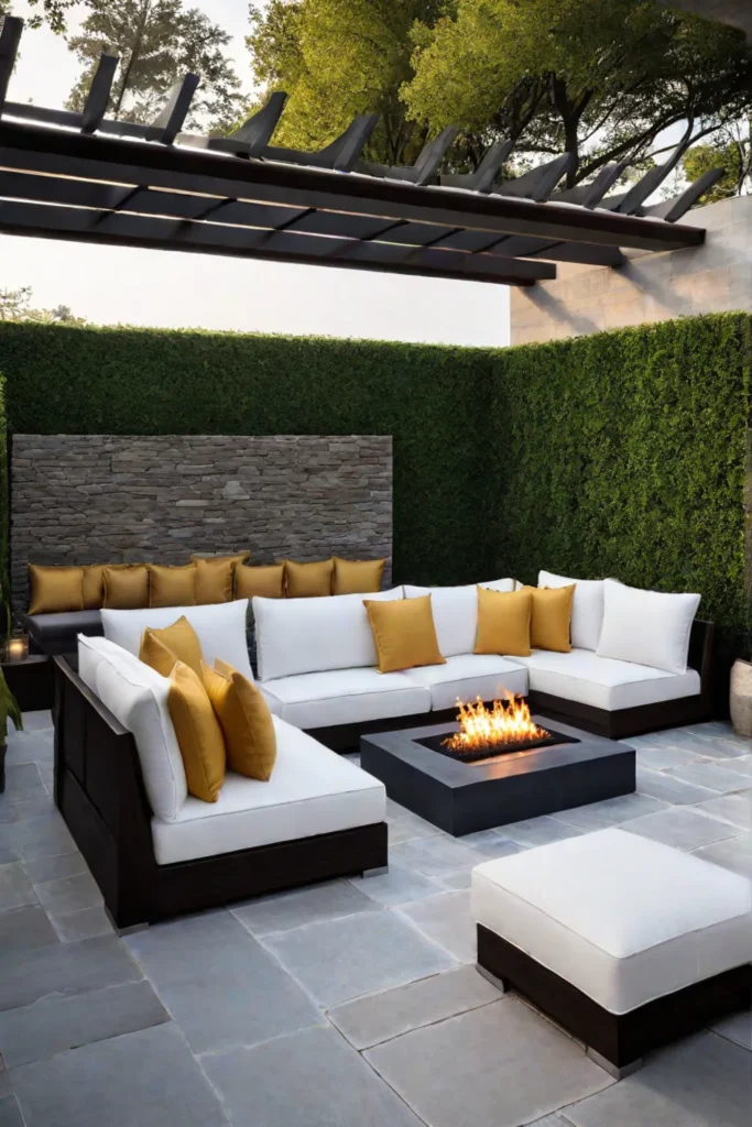 Cozy backyard patio with stone floor and builtin fireplace