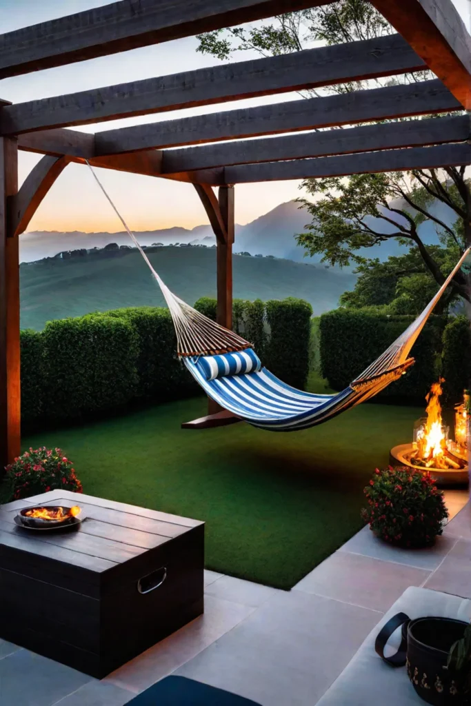Cozy backyard patio with wooden pergola and hammock