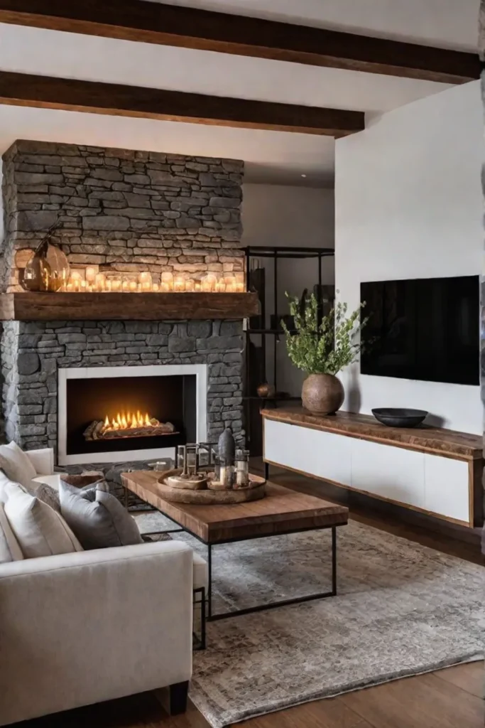 Cozy farmhouse living room with fireplace