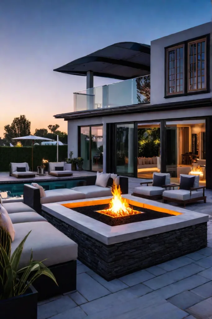 Cozy firepit patio with builtin fire pit and ambient lighting