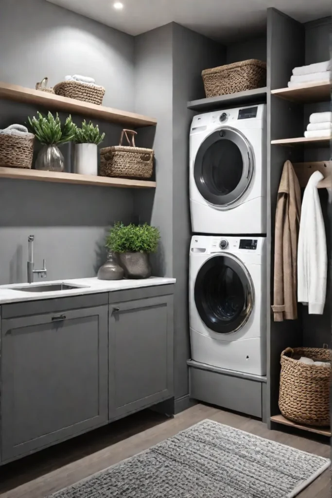 Cozy gray laundry room with baskets