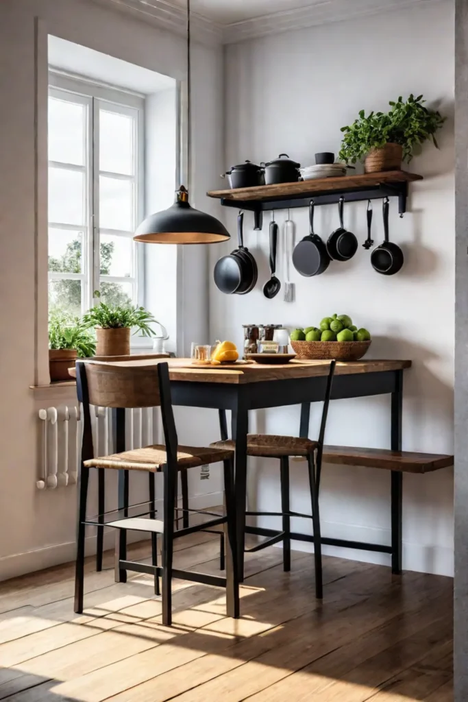 Cozy kitchen nook with hanging pot rack