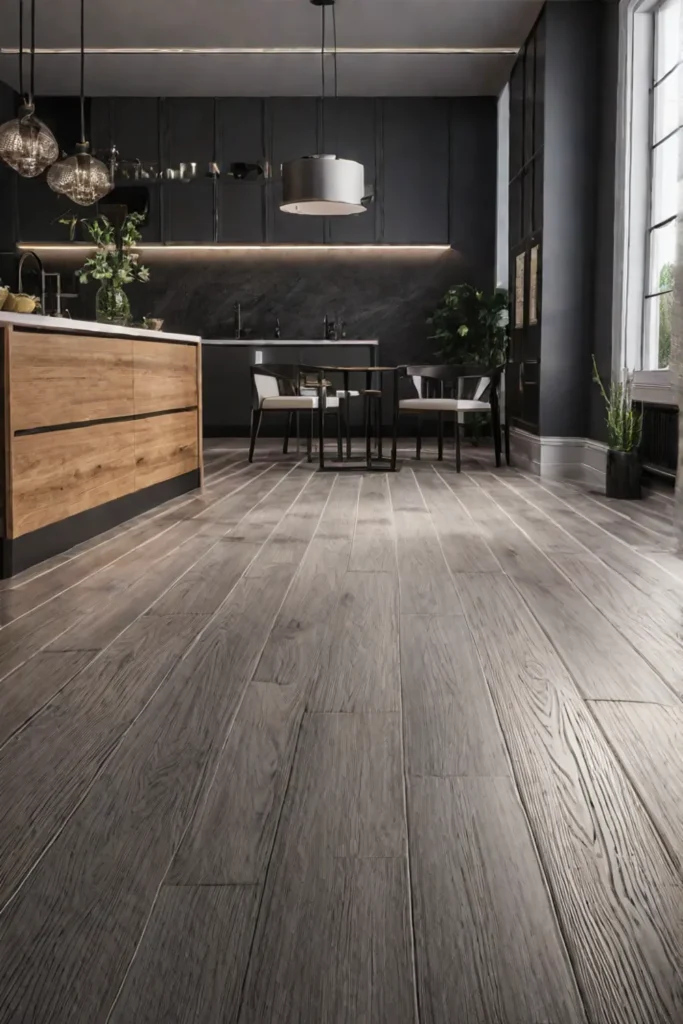 Cozy kitchen with vinyl flooring resembling wood planks