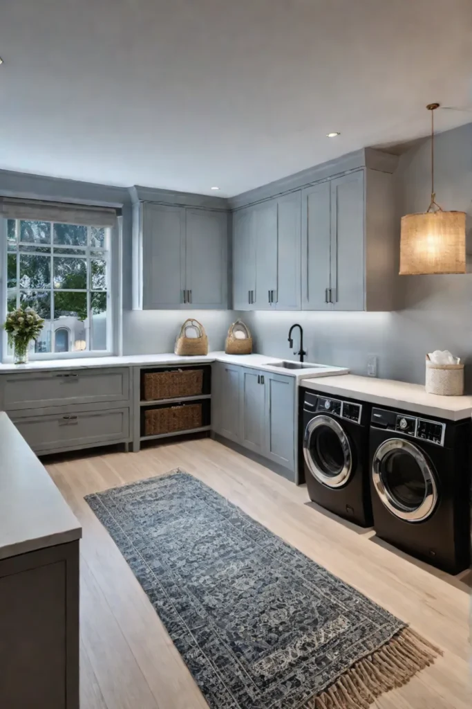 Cozy laundry room with bench