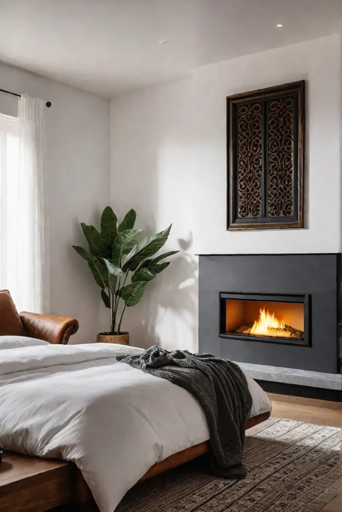 Cozy minimalist bedroom with fireplace