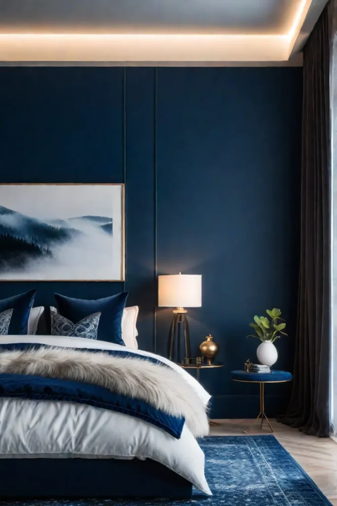 Cozy minimalist bedroom with moody color palette and luxurious textures