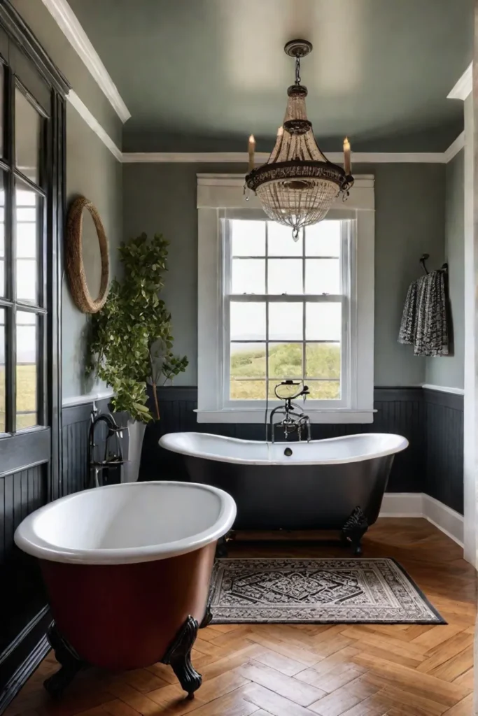 Cozy small bathroom with clawfoot bathtub and vintage vanity