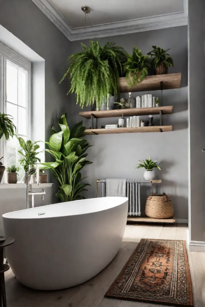 Cozy small bathroom with freestanding bathtub and woven rug