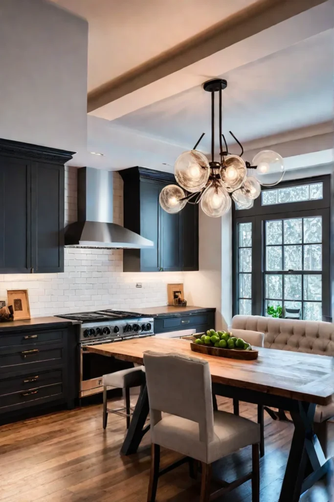 Cozy kitchen with a chandelier undercabinet lights and ample natural light