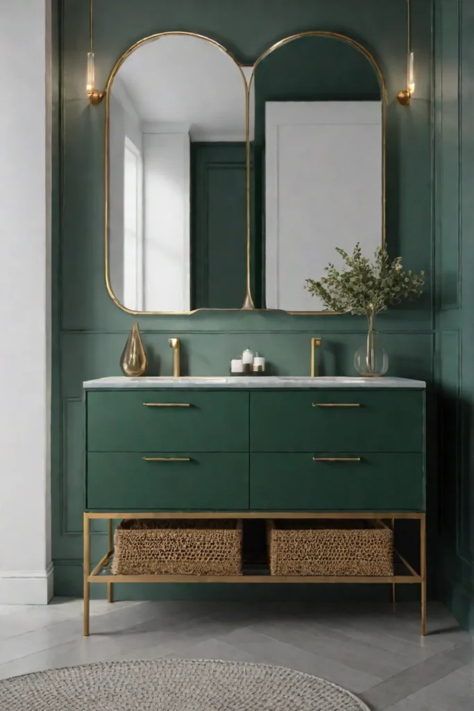 Curved green bathroom vanity with statement mirror