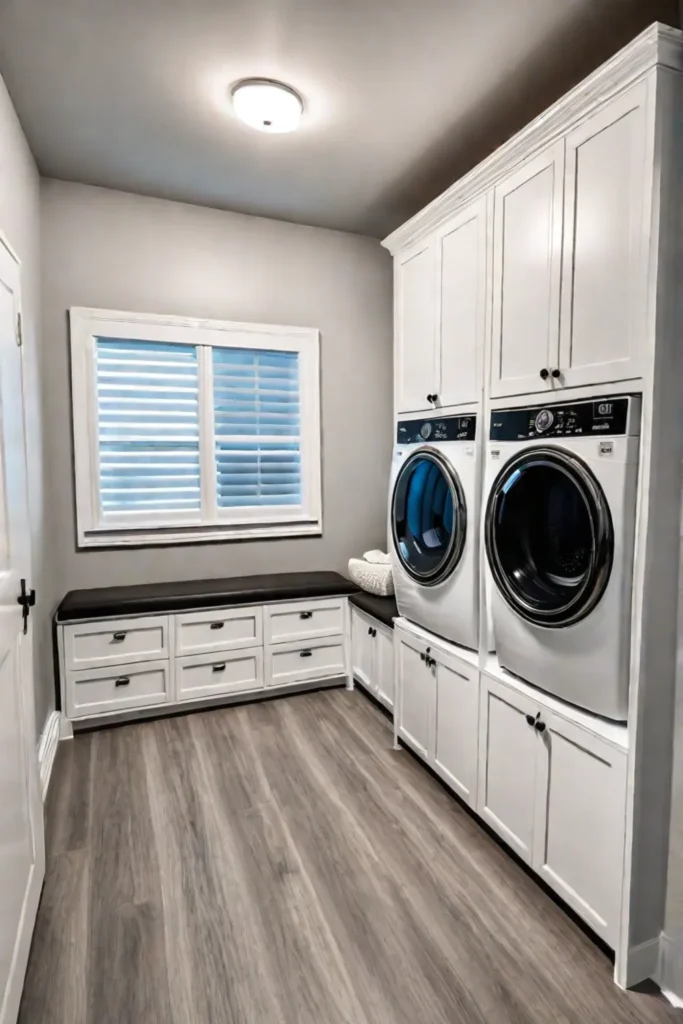 Custombuilt storage bench in laundry room for seating and organization