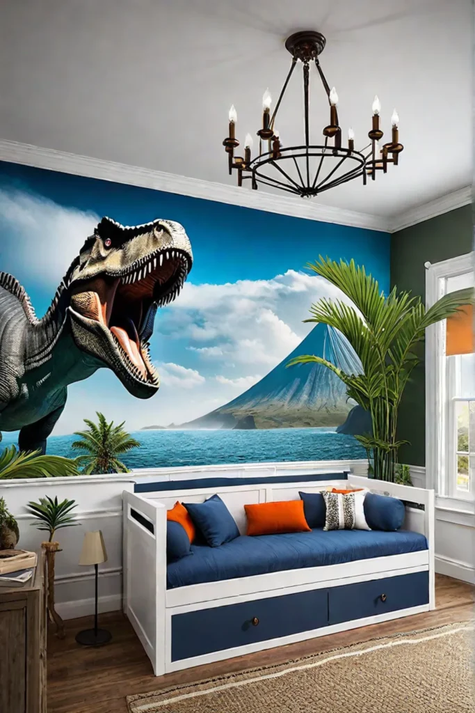 Dinosaurthemed playroom with prehistoric mural and fossil dig