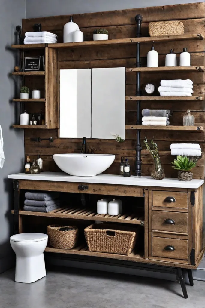 Distressed wood bathroom vanity with open shelves