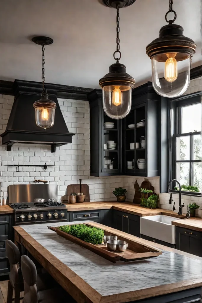 Distressed finishes and natural materials in a farmhouse kitchen illuminated by vintage lighting
