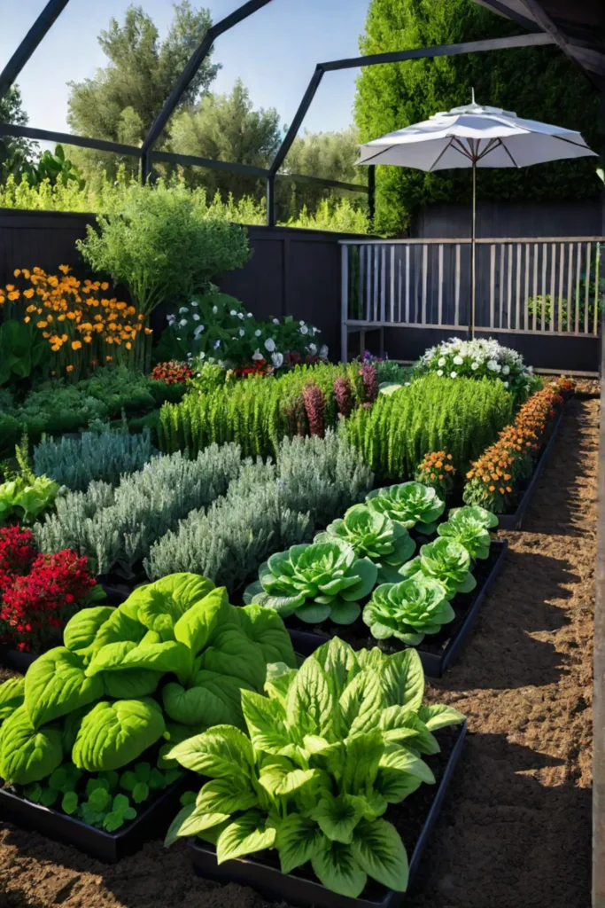 Diverse vegetable garden with herbs and flowers