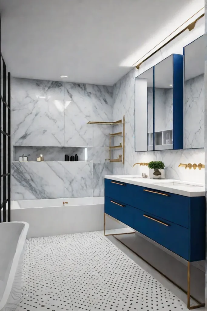 Double blue vanity with gold hardware