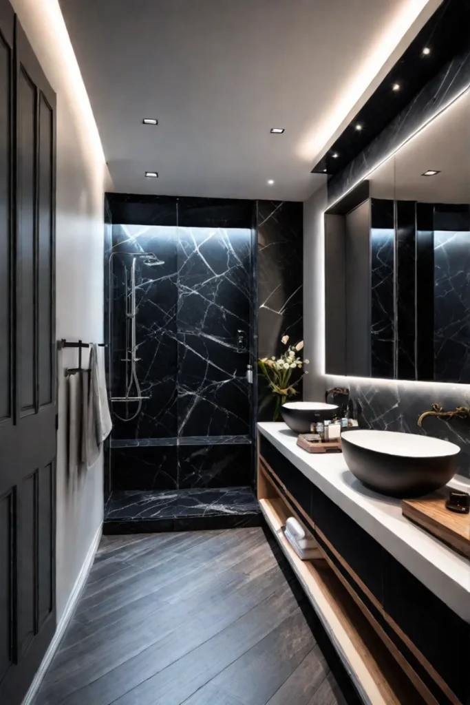 Double vanity with black marble and recessed lighting