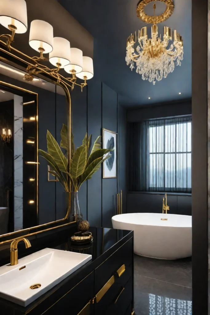 Dramatic and sophisticated small bathroom with chandelier