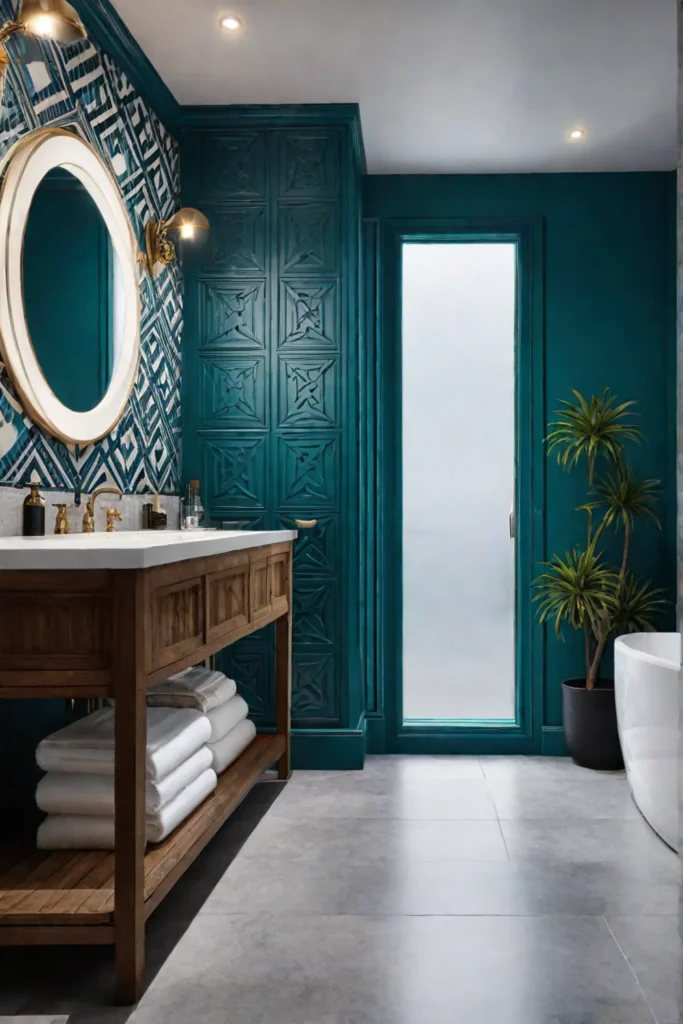 Eclectic bathroom with patterned tiles a colorful vanity and a bold accent