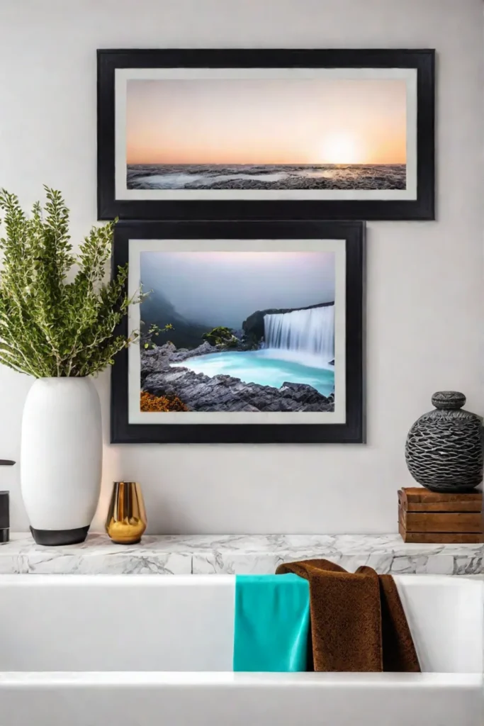 Eclectic bathroom with travel photos and vintage postcards