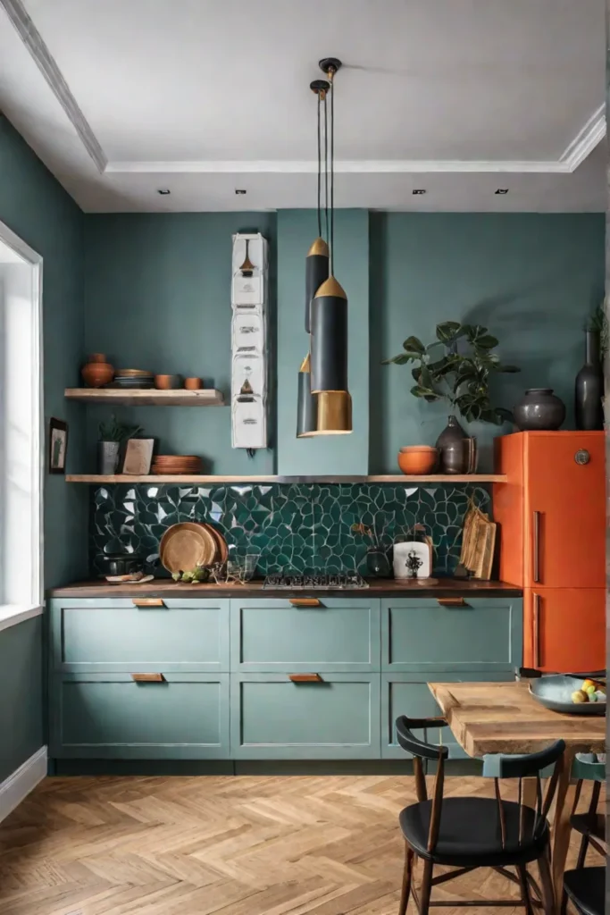 Eclectic kitchen with colorful cabinetry