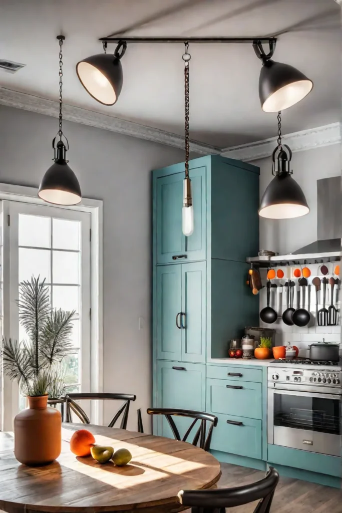 Eclectic kitchen with colorful hanging pot rack and pegboard