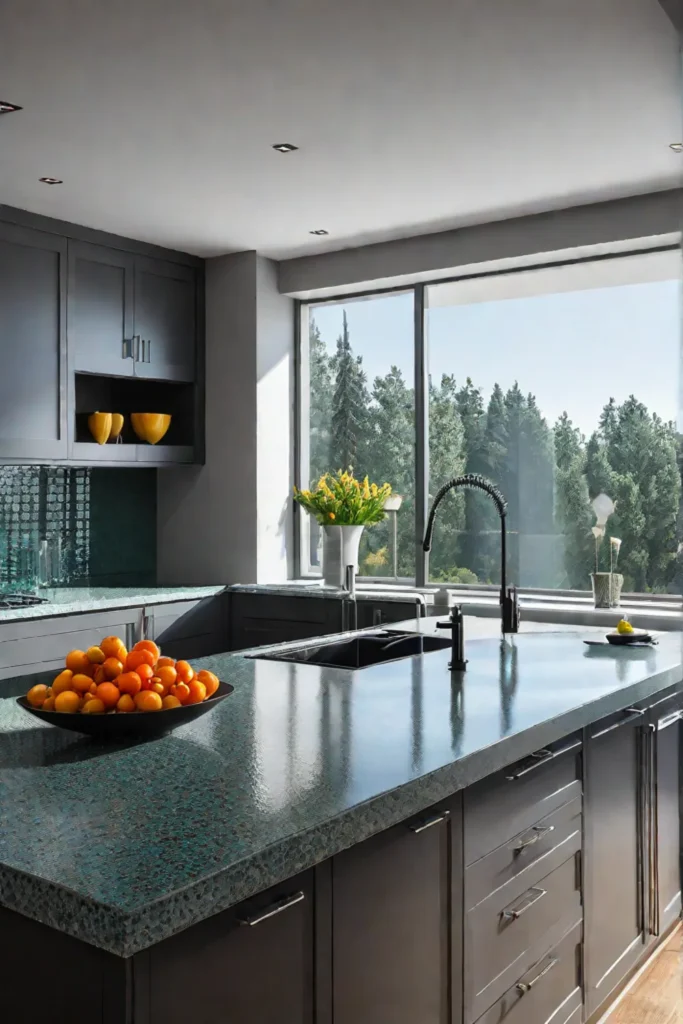 Ecofriendly kitchen with recycled glass countertops and wood cabinets