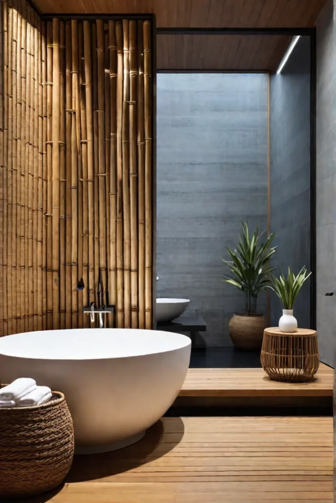 Ecofriendly modern bathroom with bamboo and woven storage