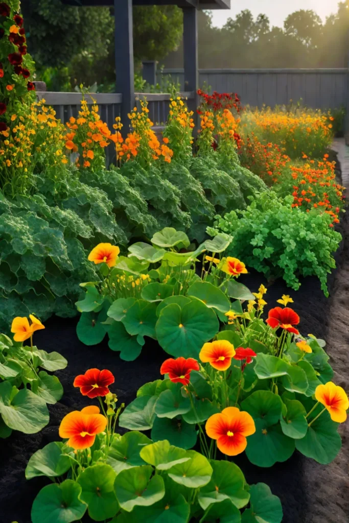 Edible flower garden with colorful nasturtiums and violas