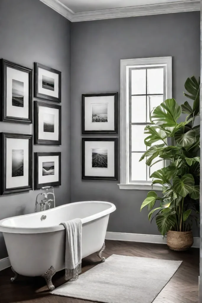 Elegant bathroom with gallery wall of botanical prints