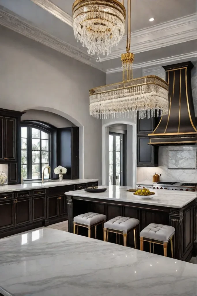 Elegant kitchen with white marble countertops