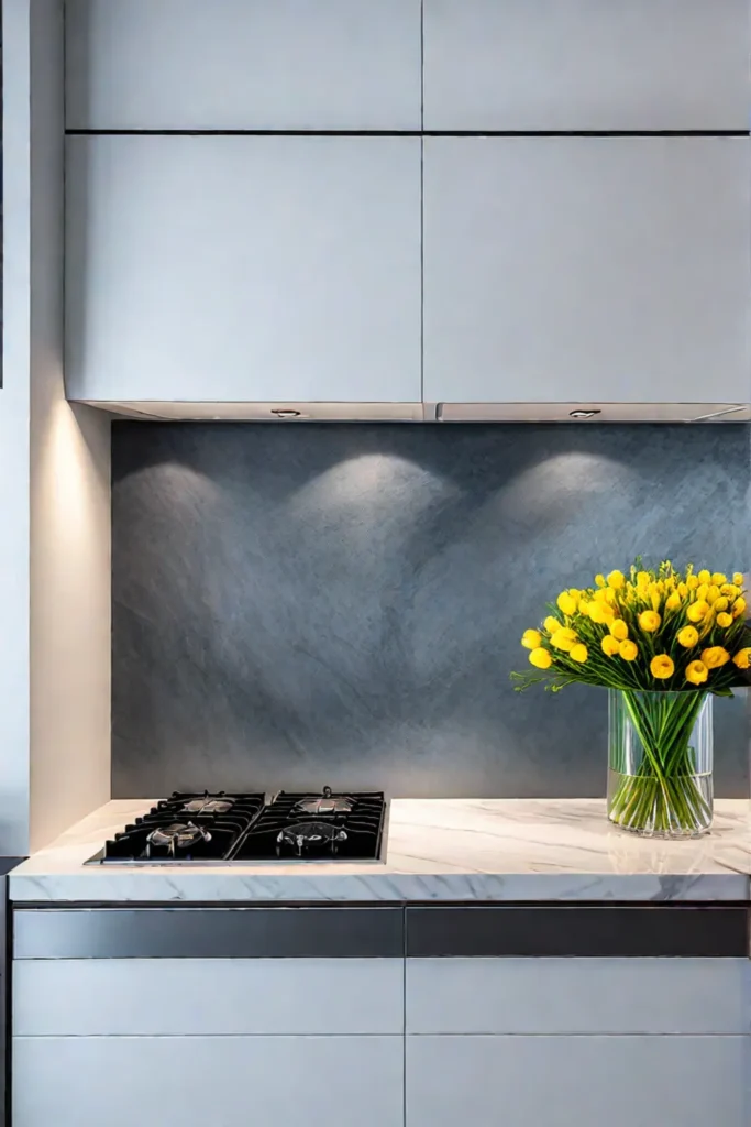 Elegant kitchen with white marble countertops and backsplash