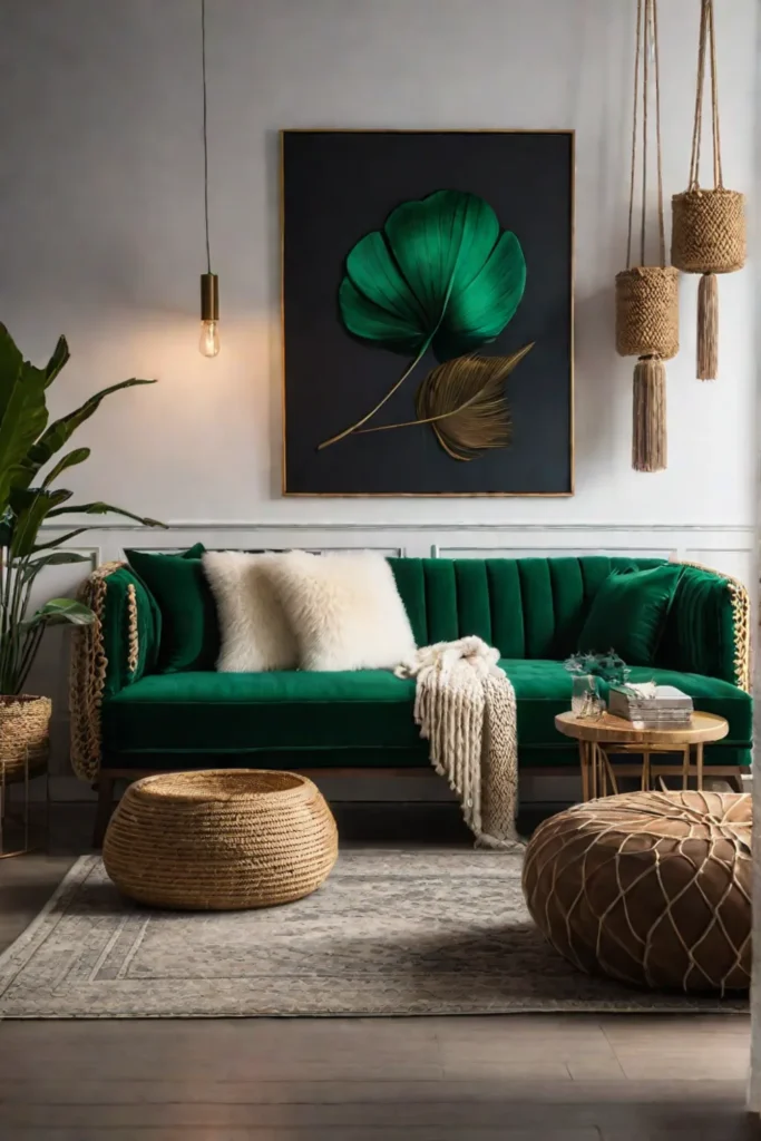Emerald green velvet sofa with chunky knit blankets and sheepskin pillows in
