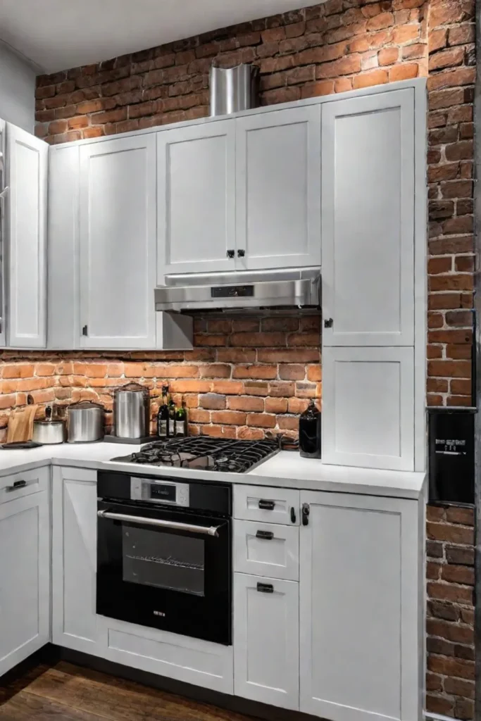 Exposed brick backsplash painted white in an industrial kitchen