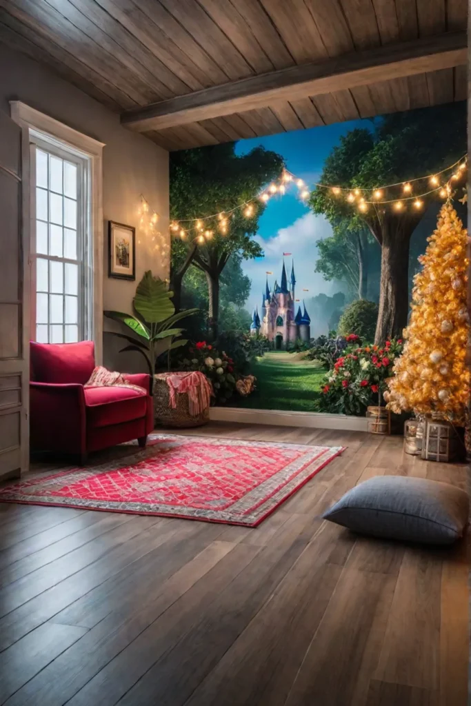 Fairy tale playroom with castle playhouse and forest mural