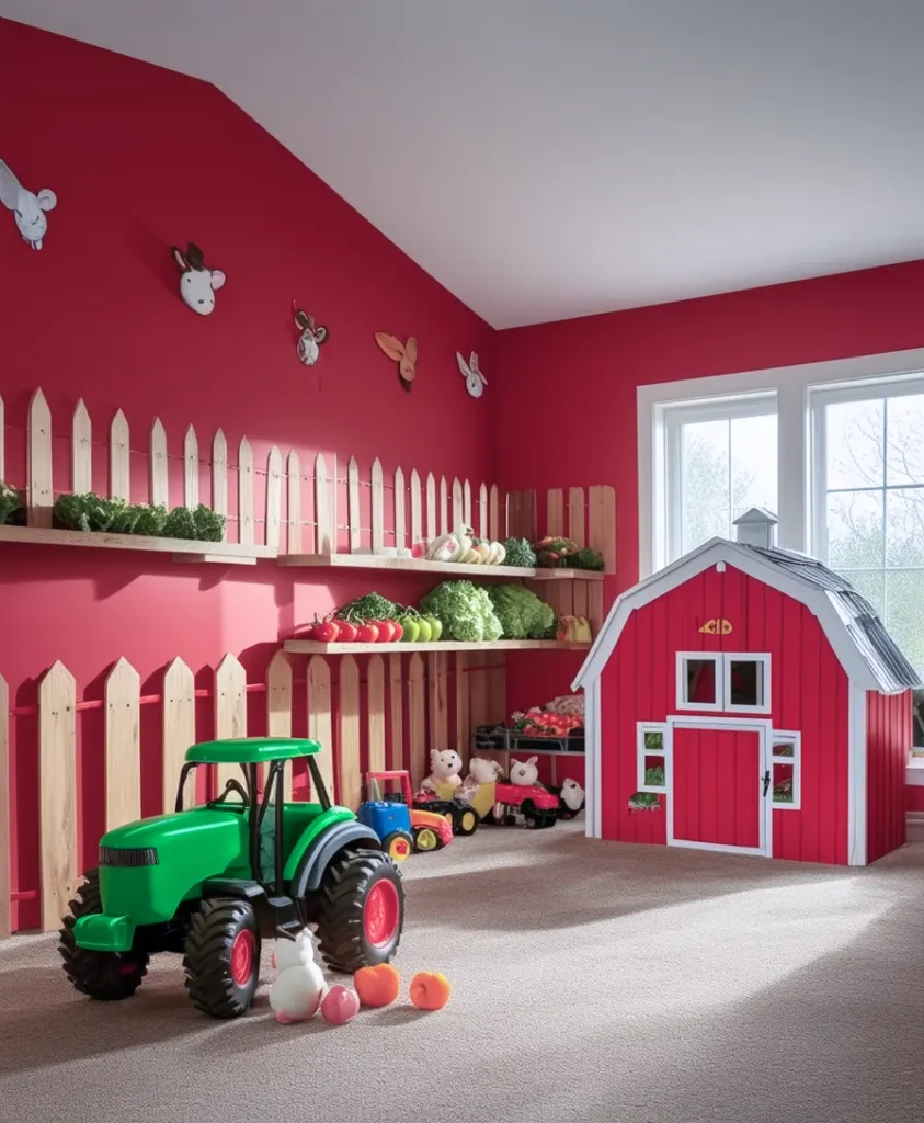 Farm themed playroom with barn playhouse and toy tractors