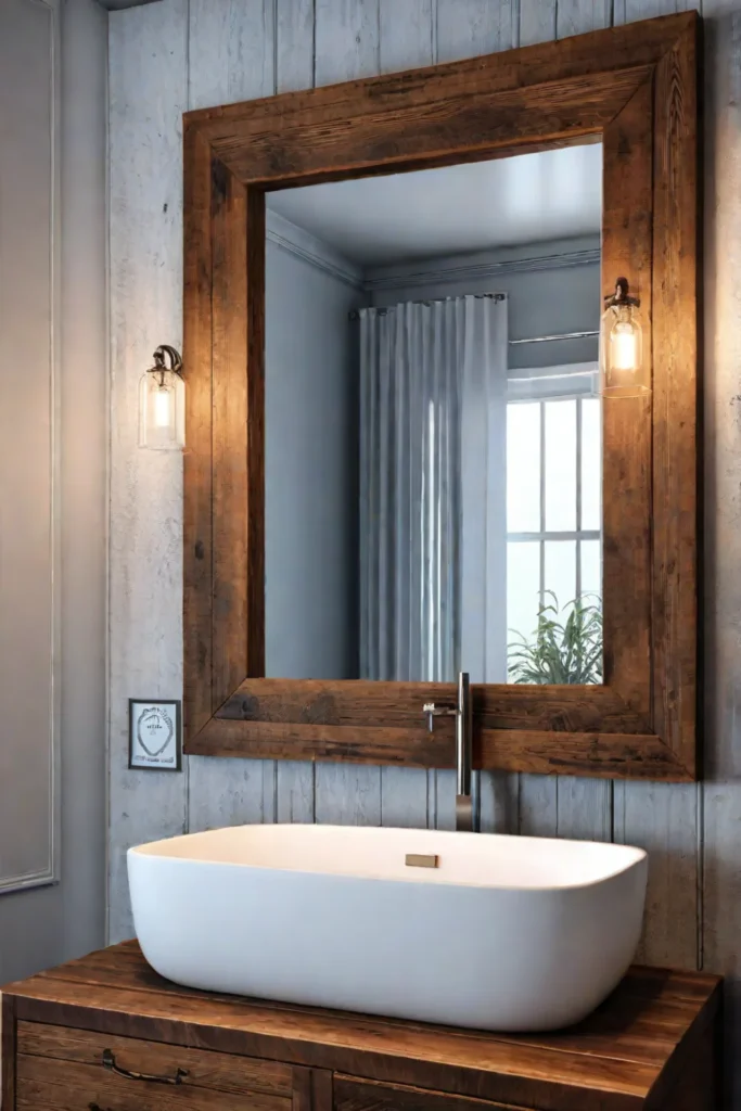 Farmhouse bathroom with a woodframed rectangular mirror
