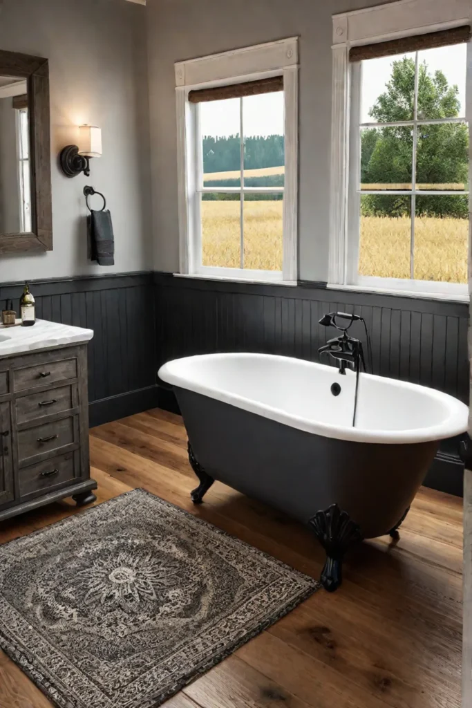 Farmhouse bathroom with shiplap wall and clawfoot tub