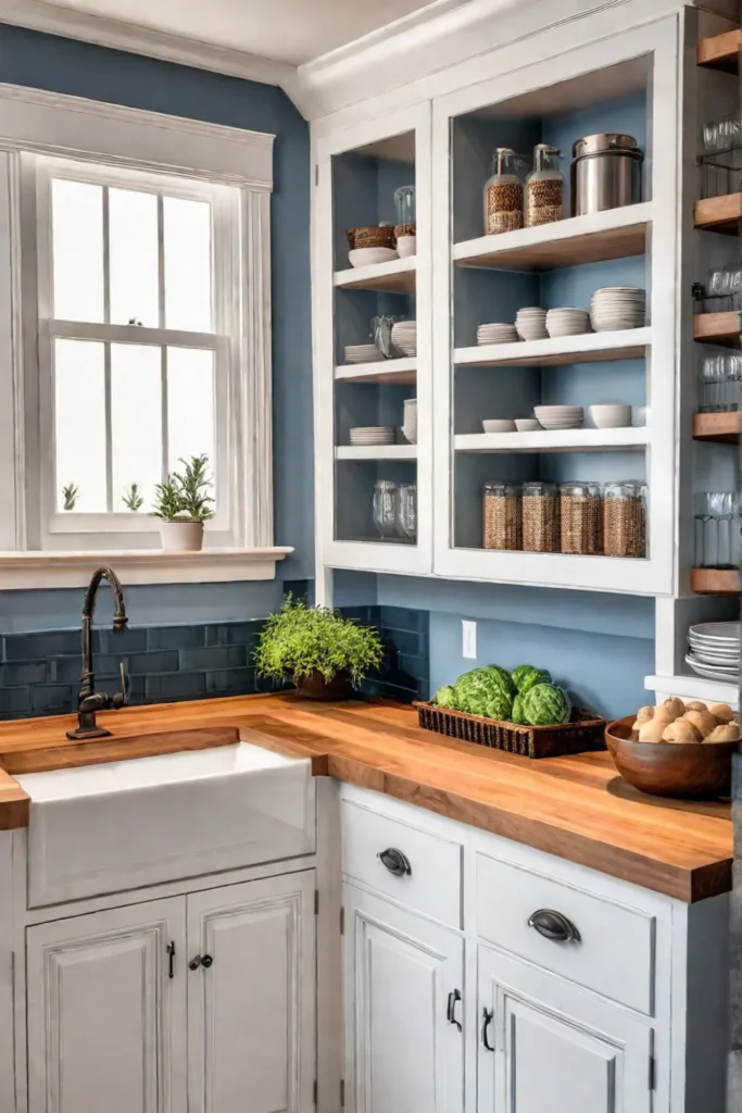 Farmhouse kitchen corner cabinet with diagonal shelves for baking supplies