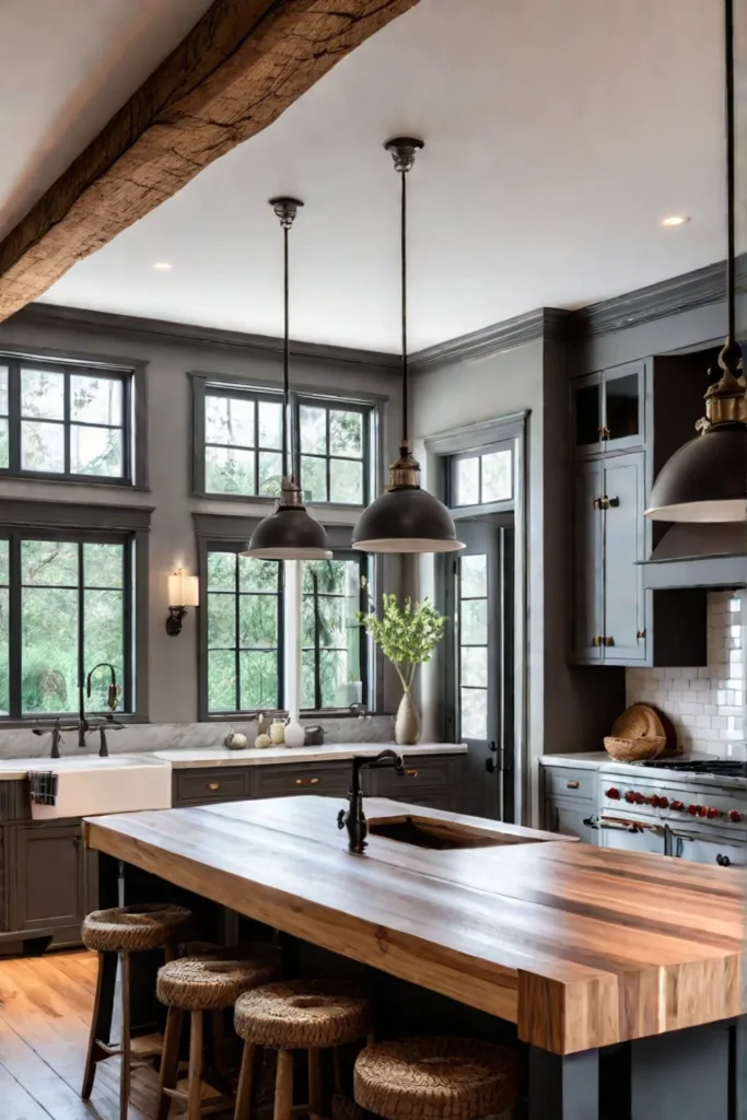 Farmhouse kitchen with abundant natural light pendant lights over the island and