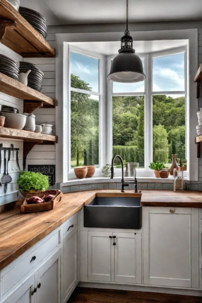 Farmhouse kitchen with apron sink butcher block countertops and vintage kitchenware