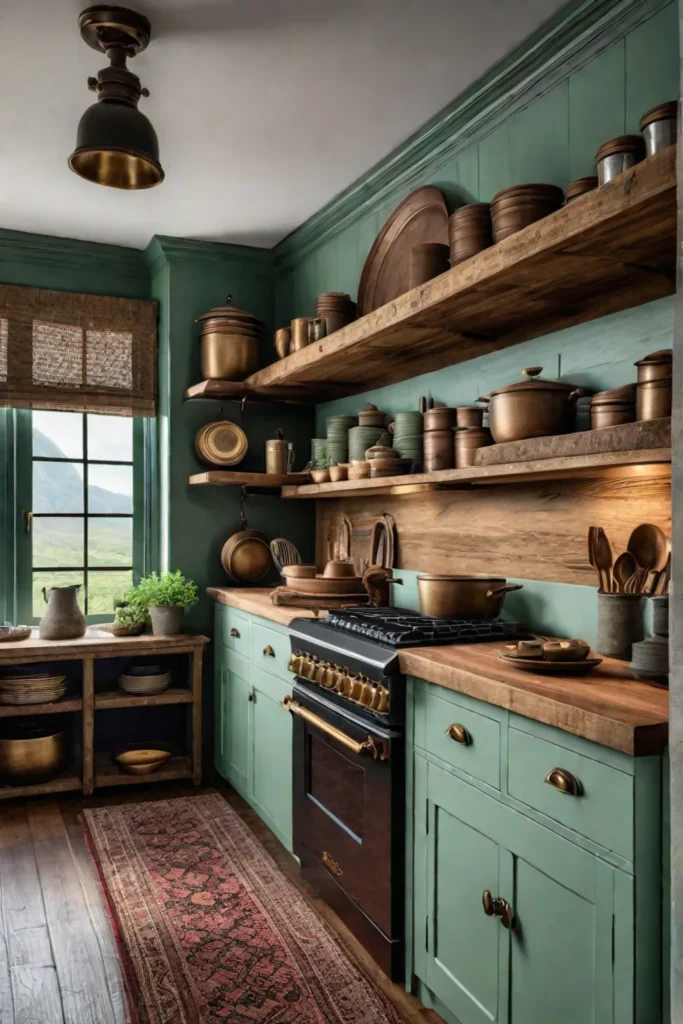 Farmhouse kitchen with green cabinets open shelving and vintage kitchenware