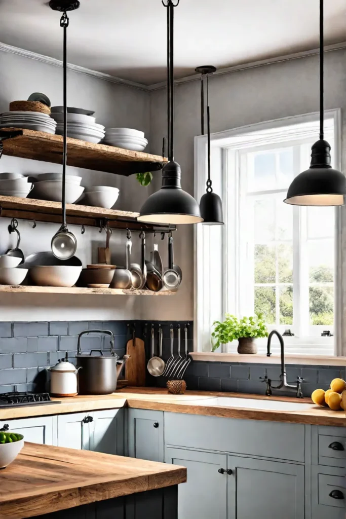 Farmhouse kitchen with hanging pot rack and vintage kitchenware