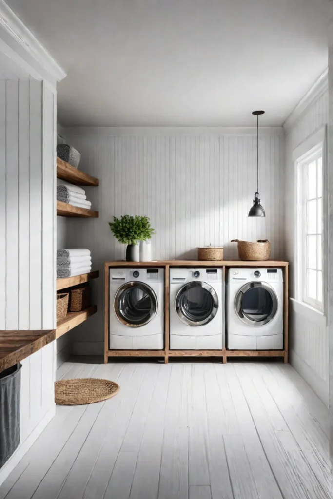 Farmhouse laundry room with shiplap walls