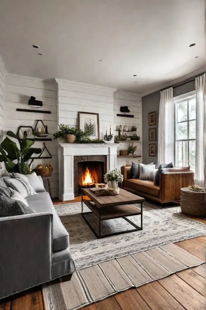 Farmhouse living room with shiplap accent wall and vintage decor