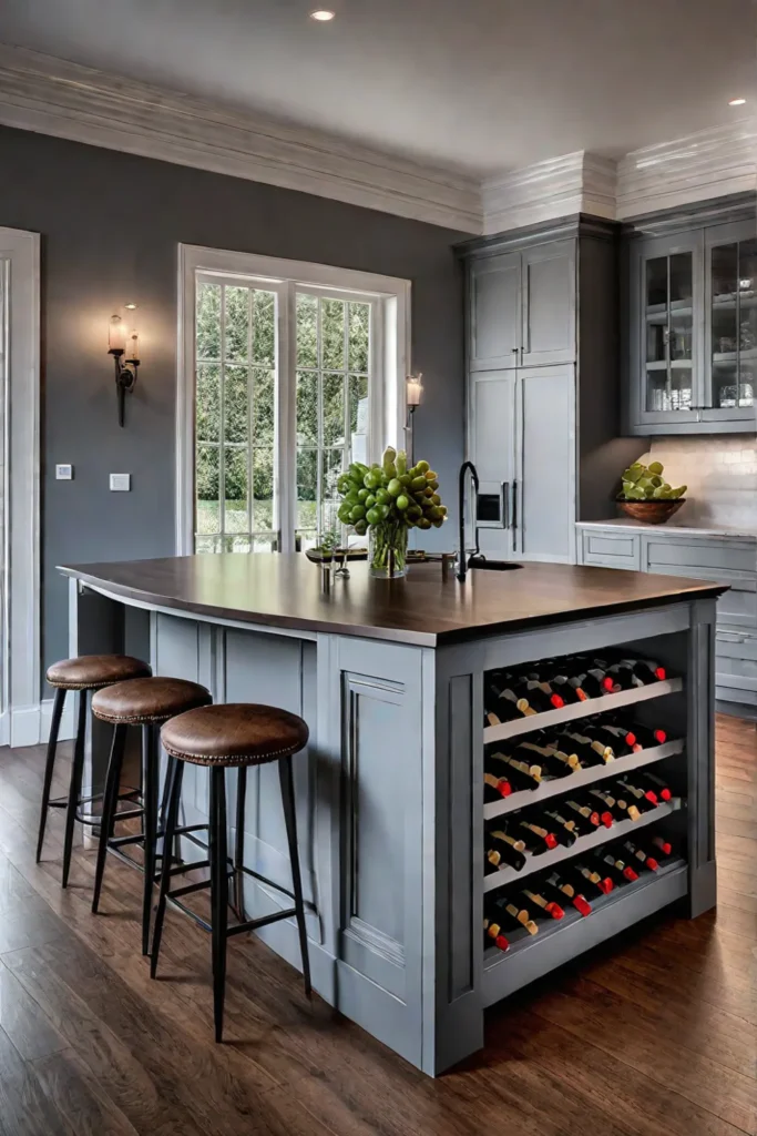 Farmhouse style kitchen island with sink and builtin wine rack showcasing balance