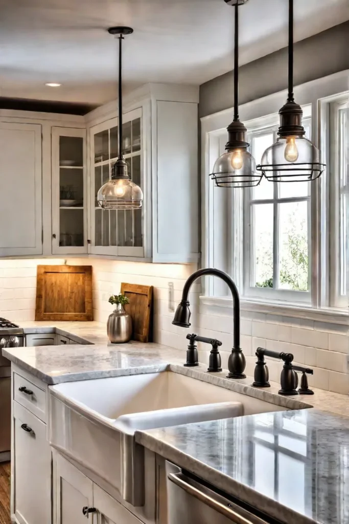 Farmhouse kitchen with lanternstyle pendant lights